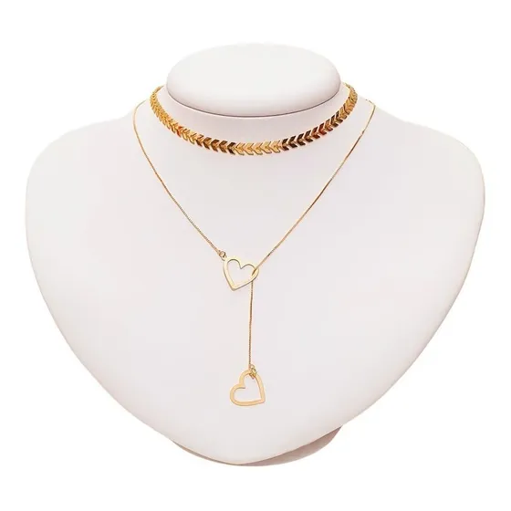 Choker E Colar Gravatinha Coração Folheado A Ouro 18k Cor Dourado