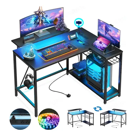 Furrific®escritorio Gamer En L Con Luz Led Y Regleta Enchufe