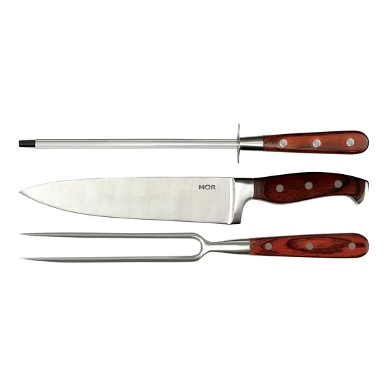 Kit Juego Asado Cuchillo + Tenedor + Chaira 3 Piezas Premium