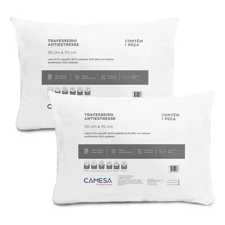 Kit 2 Travesseiros Antiestresse Carbono 50x70cm Camesa Branco
