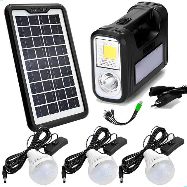 Kit Sistema Solar Painel Led A Bateria + 3 Lampadas Portatil Preto 220v 110v