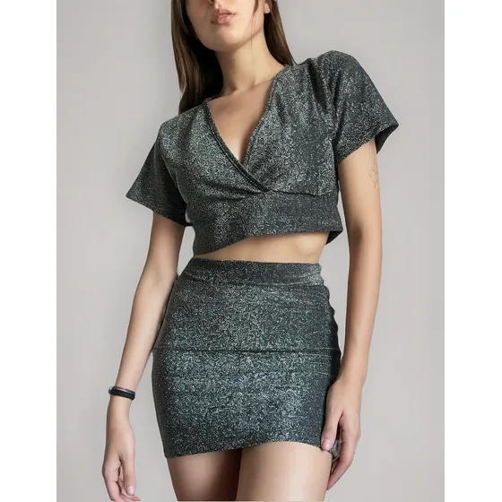 Conjunto Top Escote Cruado Y Pollera Corta  Lurex Moda Mujer