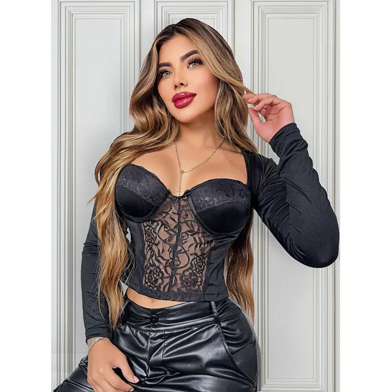 Blusa Croptop En Encaje Negra Corset Para Dama Talla Unica