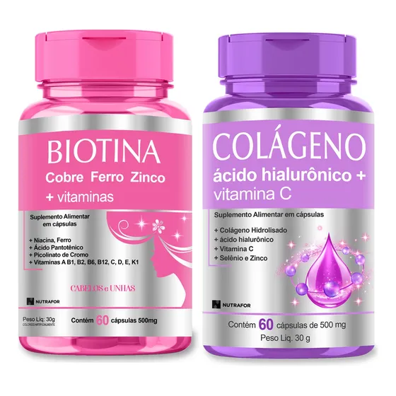 Kit Pele Cabelos Unhas: Colágeno + Hialu + Biotina 120 Cáps