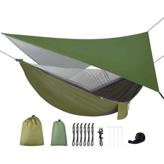 Hamacas Nailon Para Exterior Con Lona De Lluvia Y Mosquitera Color Verde Musgo Iron Tree outdoor hammock