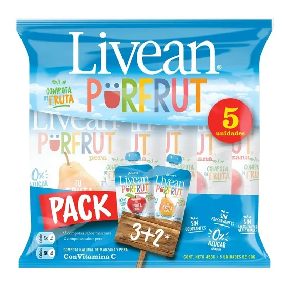 Pack 5 Pures Compotas Livean 90g (3 Manzana + 2 Pera)