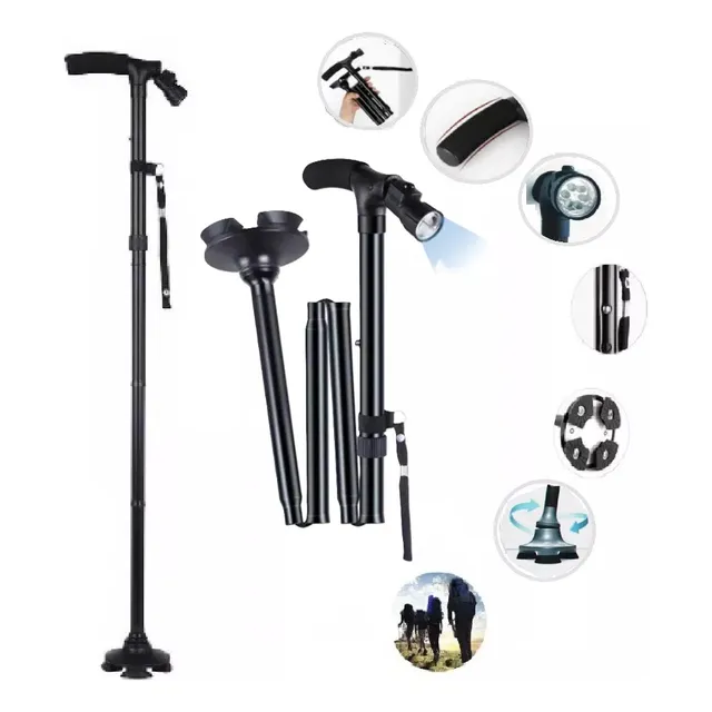 Baston Ortopedico Plegable C/luz Antideslizante - Portátil Color Negro