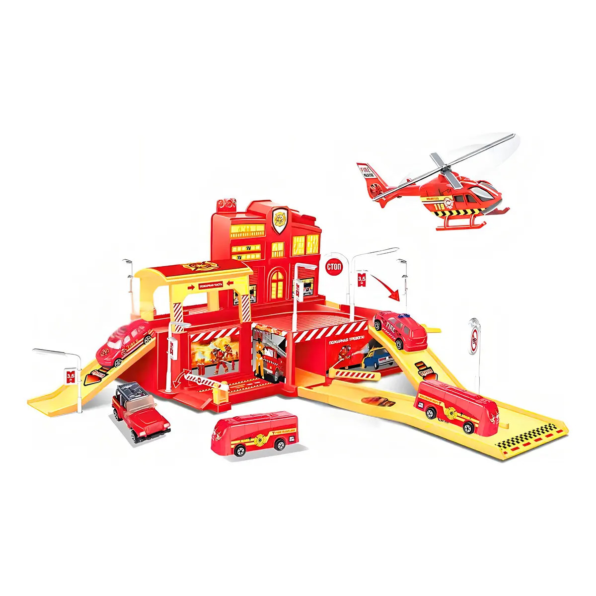 Pista de Carrinhos Infantil Bombeiro com 5 Veículos e Acessórios Maxi Toys