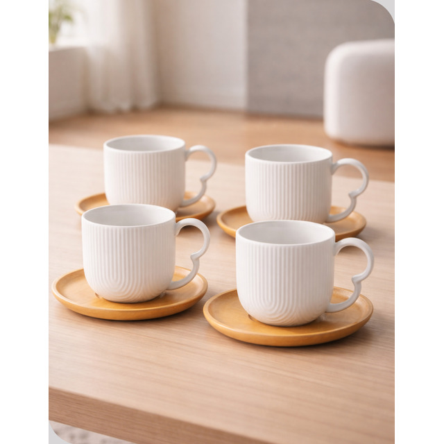 Jogo De 4 Xícaras Em Cerâmica E Pires De Bambu 90ml Oásis Branco