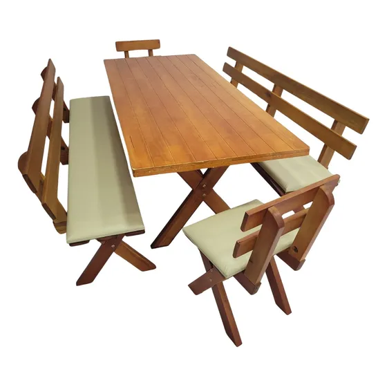 Kit Mesa De Madeira Maciça Rústica + 4 Bancos Estofados