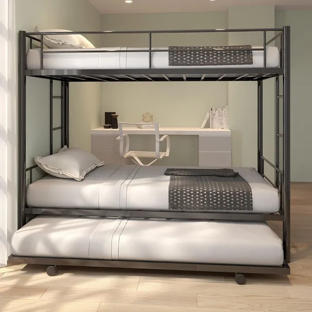 Litera Individual Con Cama Extra Con Escaleras Y Barandillas Color Negro