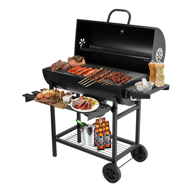 Asadores carbon de barril móvil con ruedas termómetro y mesa auxiliar acero inoxidable negra Linfy