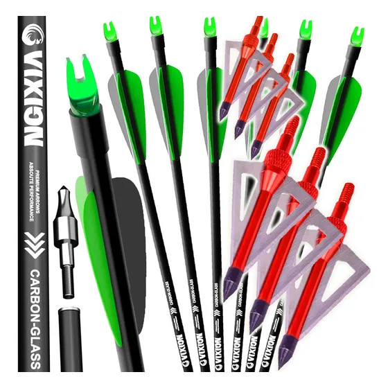 6 Flechas Carbono Arco Nature 30 + 6 Pontas Caça B13 Vixion Cor Verde