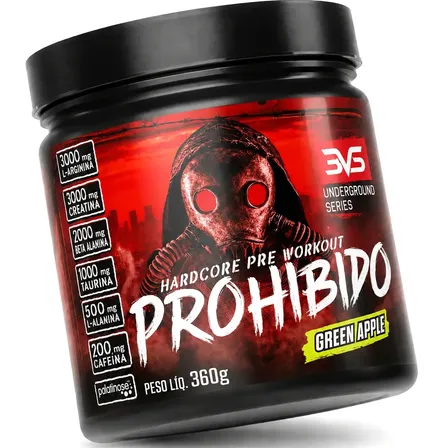 PRÉ TREINO PROHIBIDO 360g Sabor Green Apple - Fórmula Avançada contendo Creatina, Beta Alanina, Taurina, L-tirosina, L-alanina, Cafeína, Arginina e Palatinose - Extra Forte