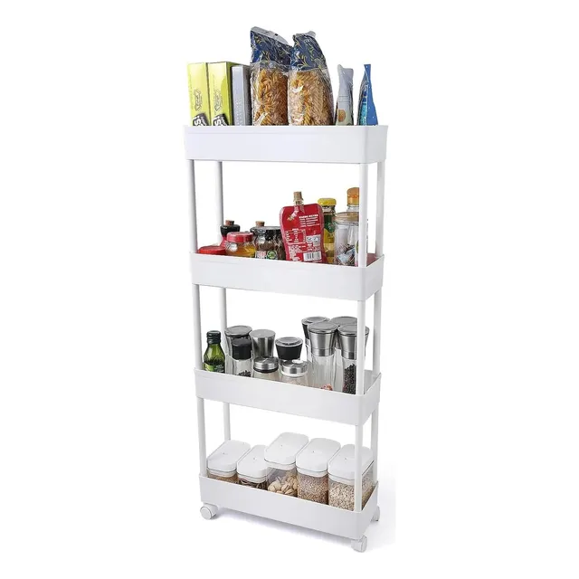 Carrito De Compras Multifuncional Con 4 Capas Y 3 Ganchos Auxiliares Ruedas Desmontables 360 Soportan 8 Kg 97x30x20 Cm