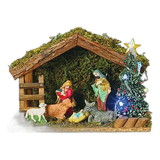 Set Natividad Navideño 8 Piezas, Cerámica Con Pesebre Y Árbo