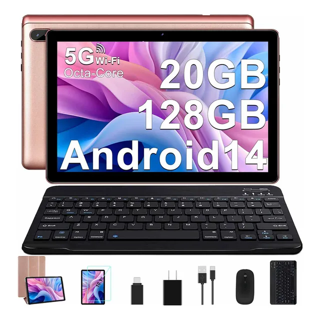 2025 Tablet 10.1'' Android 14 20gb Ram Y 128gb Rom Tf1tb Economicas 2.4g 5g Wifi Octa-core 1.8 Ghz Fhd Widevine L1 6000mah Bt5.0 Con Funda Mouse Teclado Camara Face Id Teclado y Mouse, Rosa, 8 Núcleos