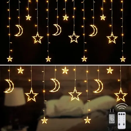 Cascata Led Com Estrelas E Lua Kit 12fio Funções Pisca Natal Amarelo