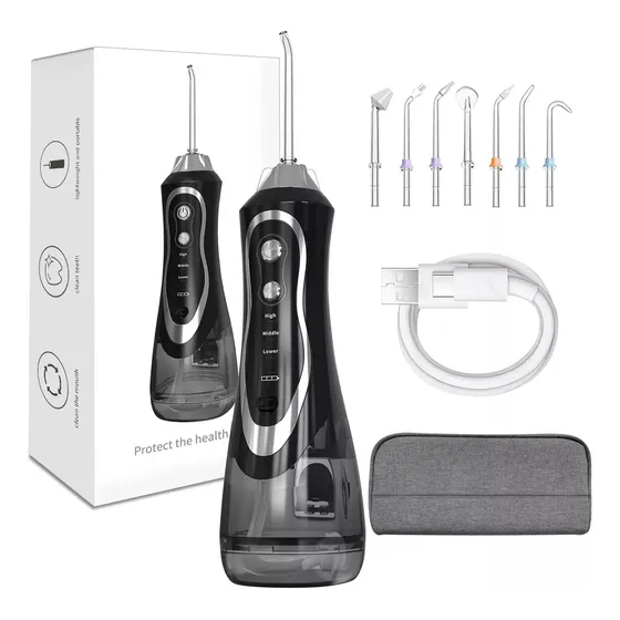 Irrigador Bucal Dental Limpiador 300ml 1800 Pulsos 7 Picos Negro