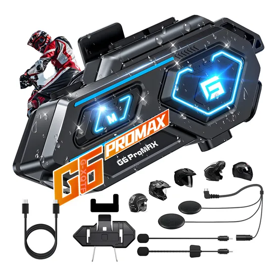 G-XQTE G6ProMax Intercomunicador Motocicleta Para 1100M Casco bluetooth interfono Impermeable ipx6 micrófono doble Lámpara LED 2500mAh Modo de chat en grupo