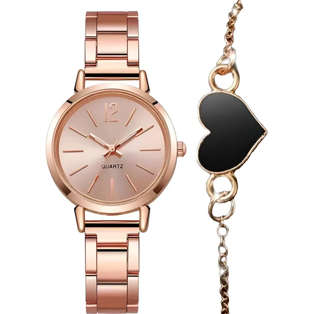 Set Reloj Mujer Quartz Oro Rosa + Pulsera Dorada Corazón