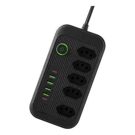 Extensão 5 Tomadas E 1 Pd 4 Usb Led Bivolt Power 127v/220v Preto/ 127/220v