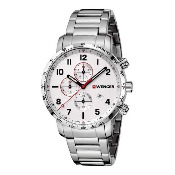 Wenger Reloj Attitude Chrono, Blanco, 44 Mm Correa Plateado Bisel Plateado Fondo Blanco