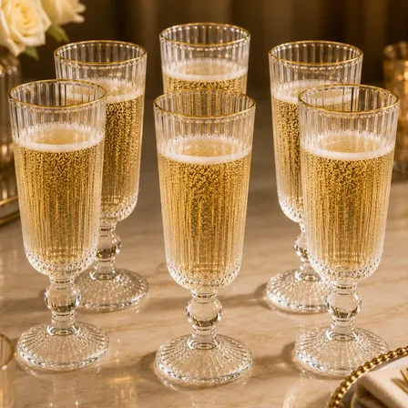 Jogo 6 Taças Vidro Espumante Vinho Borda Dourada Gold 170ml Transparente