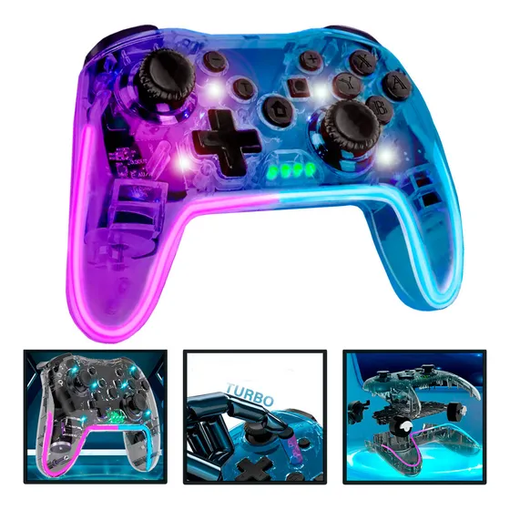 Control Joystick Inalambrico Neon Led Multimando Bluetooth 5.0 Con Luces Rgb Marca Aspor Con Tecla Turbo Conexion Tipo C Hecho De Material Abs Con Vibracion