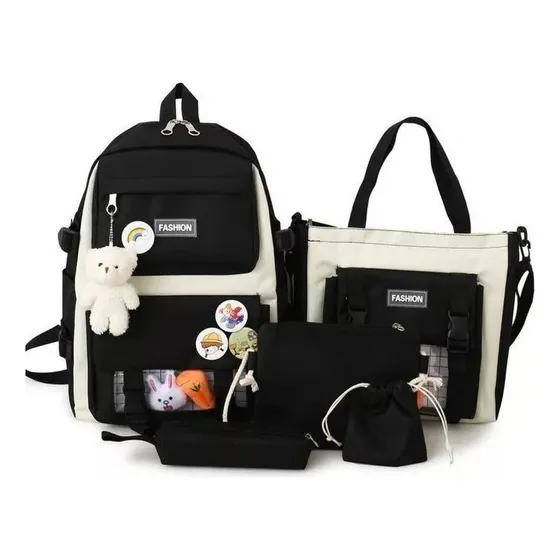 Kit Combo Mochila Escolar Kawaii 5 Piezas Estilo Coreano
