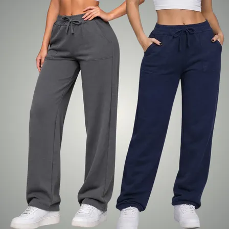 Kit 2 Calça Feminina Wide Leg Moletom Cintura Alta C/ Bolso Multicolorido G (40/42)