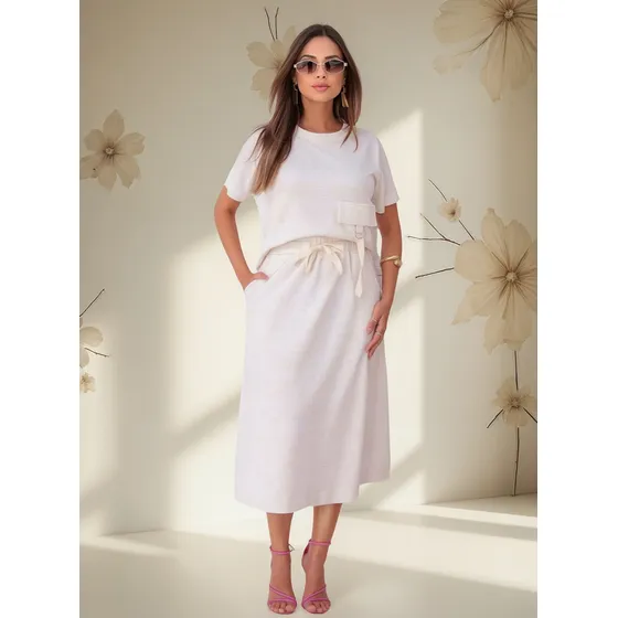 Conjunto Saia Feminino Fita Malha Linho Elegante Confortável
