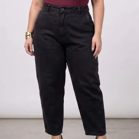 Calça Jeans Barrel Plus Size Cintura Alta Elástico Bolsos Jeans Preto 46