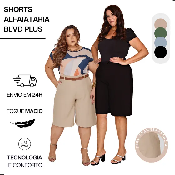Shorts Exo Alfaiataria Plus Size Cós Alto Bermuda Feminina