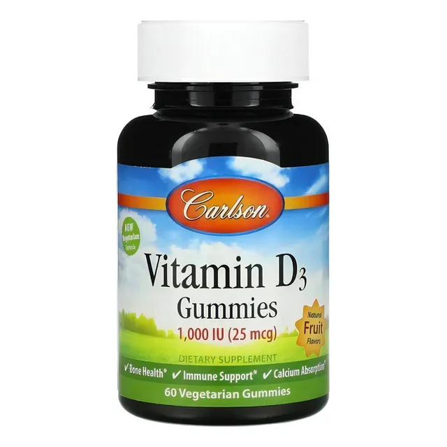 Carlson Labs Vitamina D3, 25 Mcg (1000 Ui), 60 Gomitas Sabor Frutas