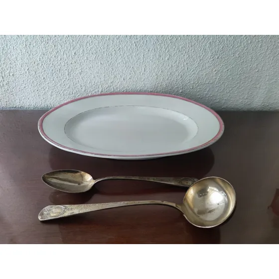 Antigüedad Bandeja De Servicio Limoges Y Cucharones Alpaca