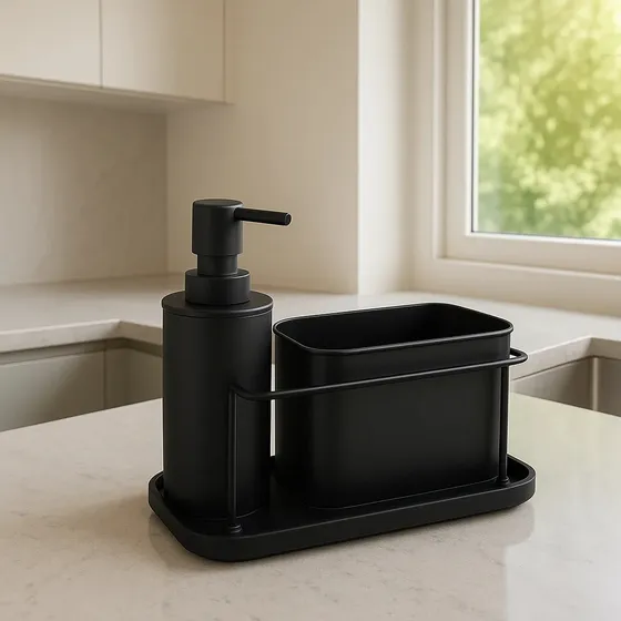 Organizador De Bacha Jazak / Esponja / Dispenser De Jabón Detergente / Para Cocina / Baño / Inoxidable / Multiuso / Th3700 / Fácil Recarga / Ahorra Espacio / Diseño Moderno / Color Negro Mate
