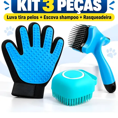Kit Luva + Lava Pelos Escova + Dispenser Banho Shampoo Pet Aleatório