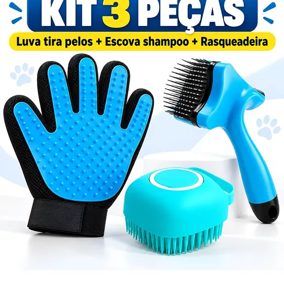 Kit Luva + Lava Pelos Escova + Dispenser Banho Shampoo Pet