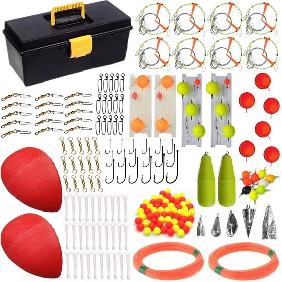 Kit Caja Completa Pesca Pejerrey Lineas Yo-yo + Accesorios + Tanza + Boyas + Anzuelos + Mosquetones + Perlas