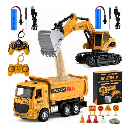 Escavadeira de Controle Remoto 2 em 1 Retroescavadeira e Trator Carregador com Braço Articulado Luz e Som Recarregável 2,4 GHz Escala 1:20 28cm Brinquedo Menino Kizumba