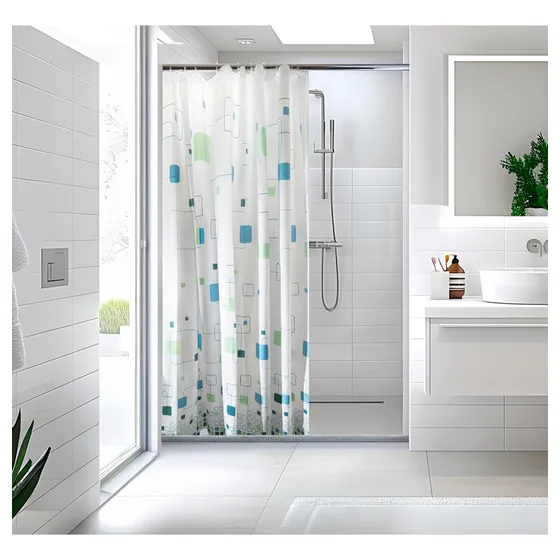 Cortina De Baño Peva Cuadros Azules 180x180 Cm Essenza