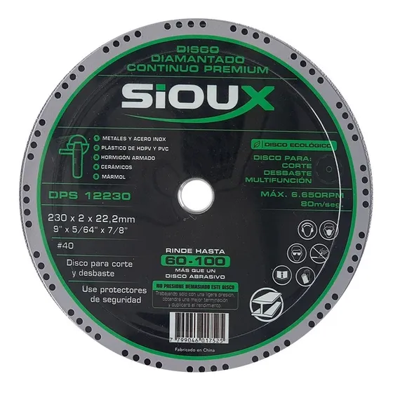 Disco Diamantado Continuo Premium Multifunción 230mm Sioux