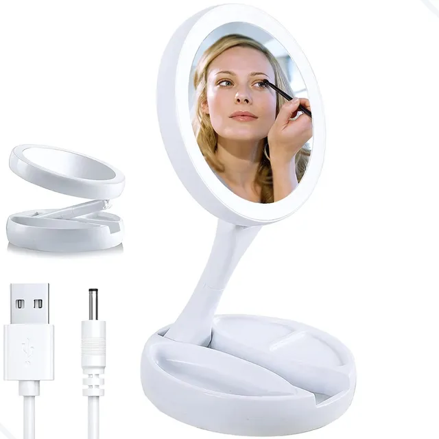 Espelho De Maquiagem Luz Led Dobrável De Mesa Aumento 10x