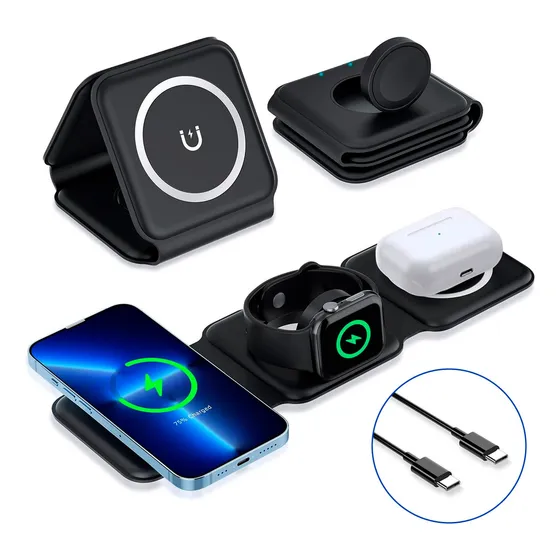 Base Cargador Inalambrico Plegable 3 En 1 Estación De Carga Para iPhone Slim Company Base Magnética Para Smartphone Reloj Audífonos Dispositivos Apple Y Android Carga Segura Color Negro