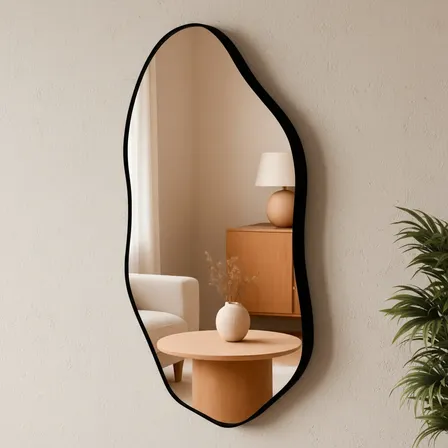 Espelho Orgânico Decorativo 60x40cm Moldura Couro Ecológico Preto