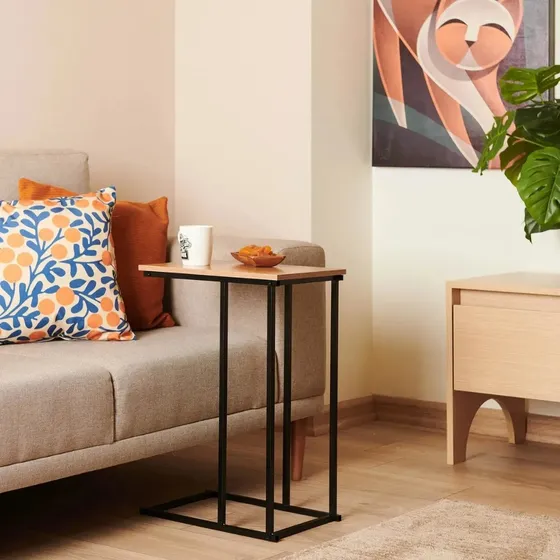 Mesa Auxiliar De Arrime Tipo Industrial Hierro + Madera Mdf Madera/negro