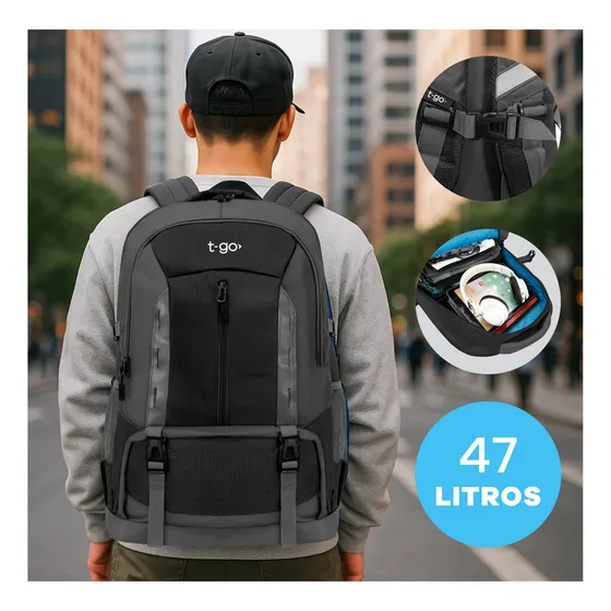 Mochila Urbana Porta Notebook T-go Viaje 47 Litros Equipaje Cabina Reforzada Color Negro