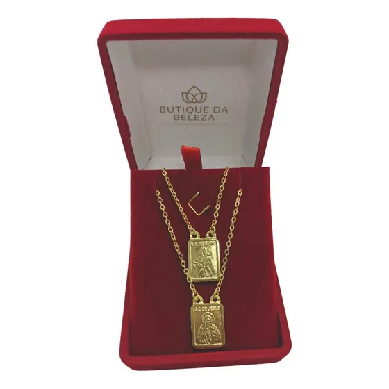 Escapulário Masculino Banhado Ouro Imagens Grandes 80cm Cor Dourado