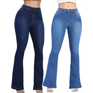 Kit 2 Calças Jeans Feminina Flare Com Lycra Empina Bumbum Kit 2 Calças Jeans Feminina Flare Com Lycra Empina Bumbum